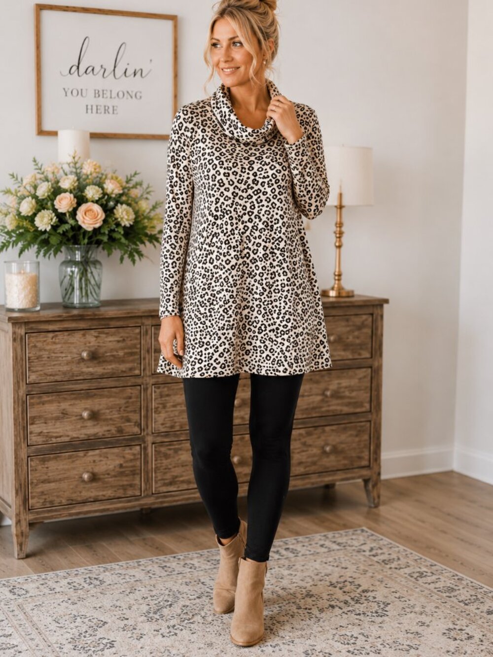 Nicole Miller Leopard Cowl Neck Tunic Sweater Hidden Pockets Soft Cozy M